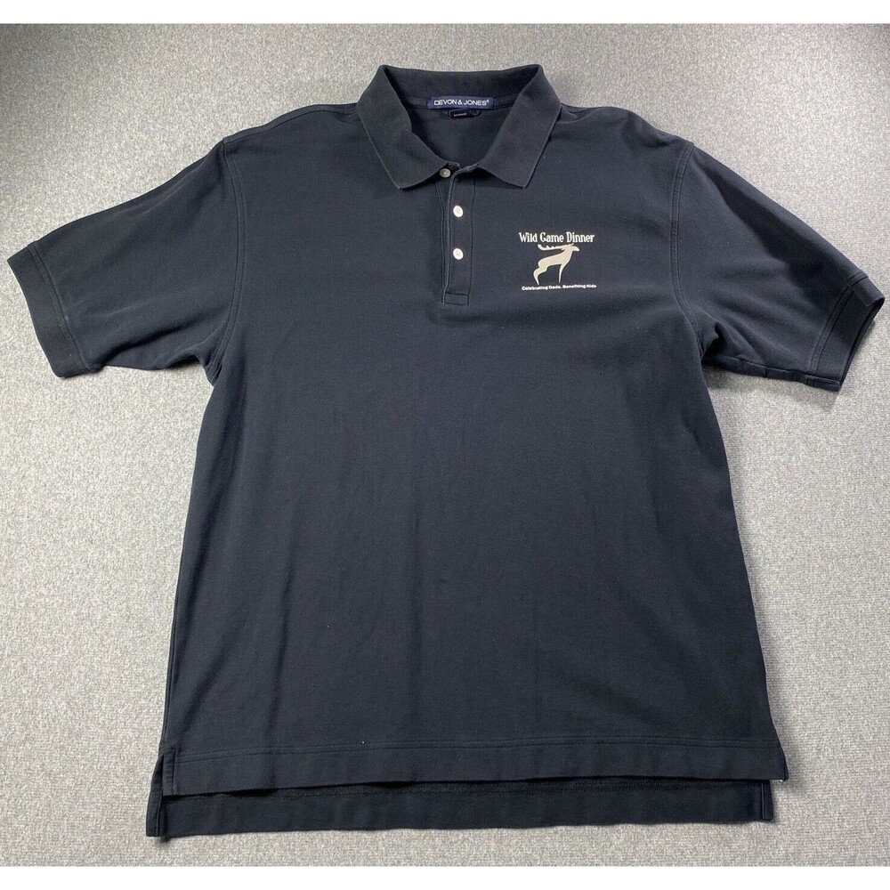 Devon  & Jones Mens Polo Shirt Sz L Black WILD GAME DINNER Logo Pima Cotton